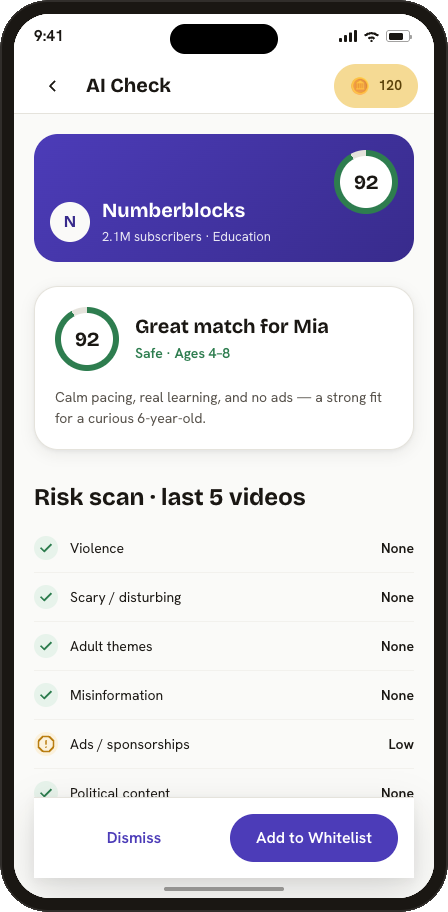 AI Check: 'Great match for Mia — Safe, ages 4-8, calm pacing, real learning, no ads,' with a risk scan showing none/low across the board.