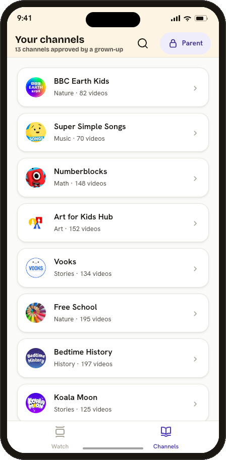 Vidling's approved channels: BBC Earth Kids, Super Simple Songs, Numberblocks, Art for Kids Hub, and more, each with its real channel photo.