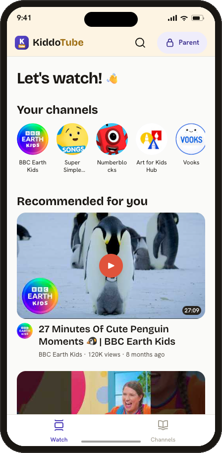 Vidling's curated feed: approved channels, no Shorts, no clutter.