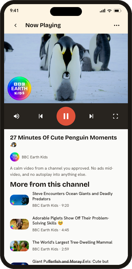 Vidling video player: a calm video from an approved channel, no autoplay into anything else.
