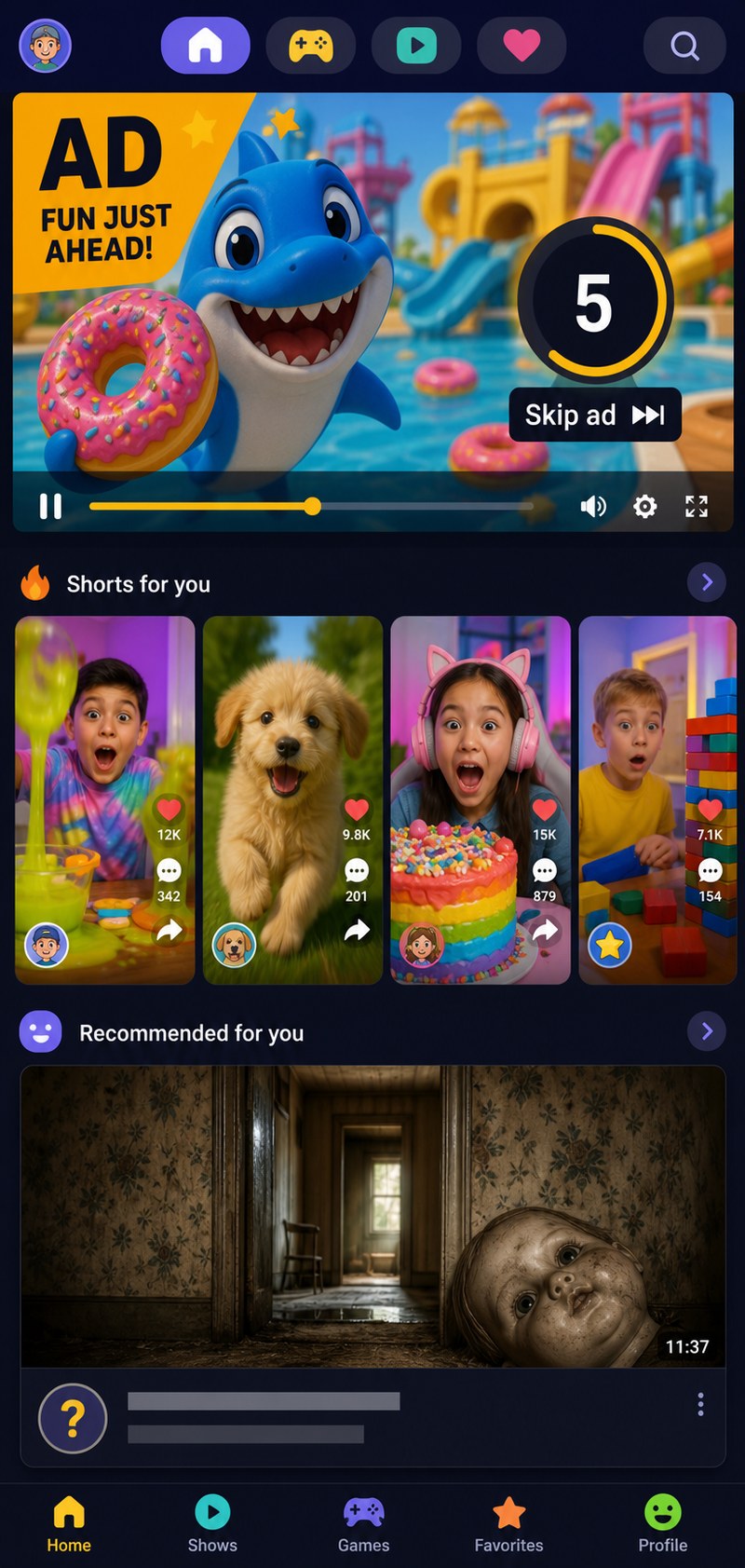 A stylized illustration of a typical unfiltered kids' video app feed: a mid-video ad banner, a row of auto-playing short-form clips, and an unfamiliar, unverified channel.