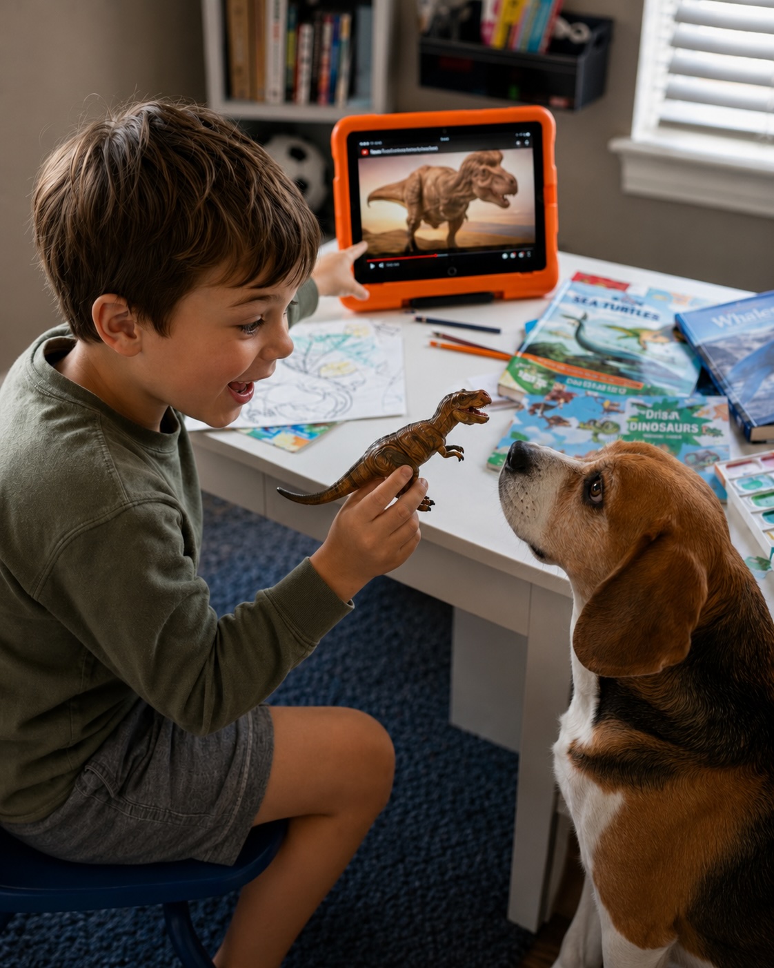 A boy and his beagle looking at dinosaur figures at his desk, tablet playing a dinosaur video beside them.